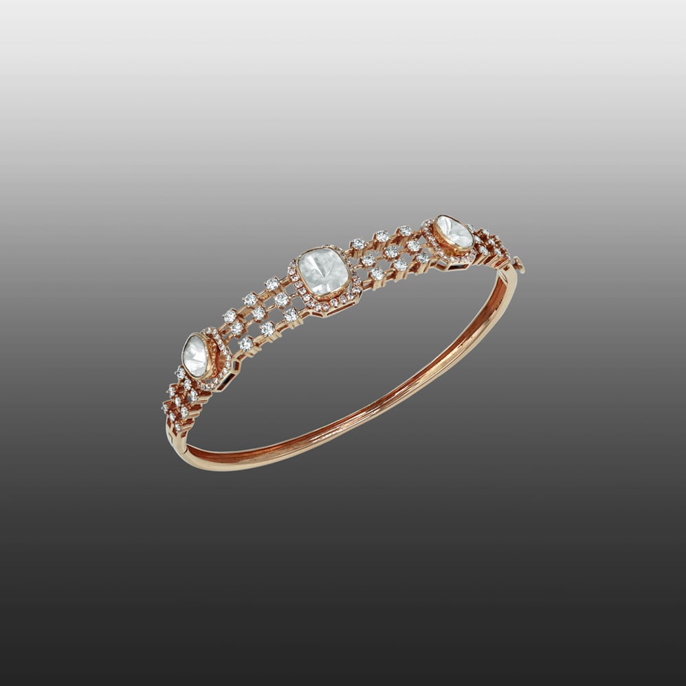 Rose Gold Polki Bangle with Diamond Halos and Lattice Design